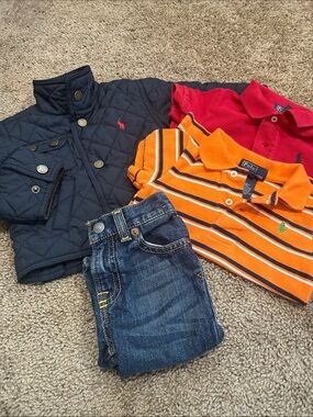 Polo by Ralph Lauren Orange Striped Polo, Red Polo & Navy Quilted Jacket Set